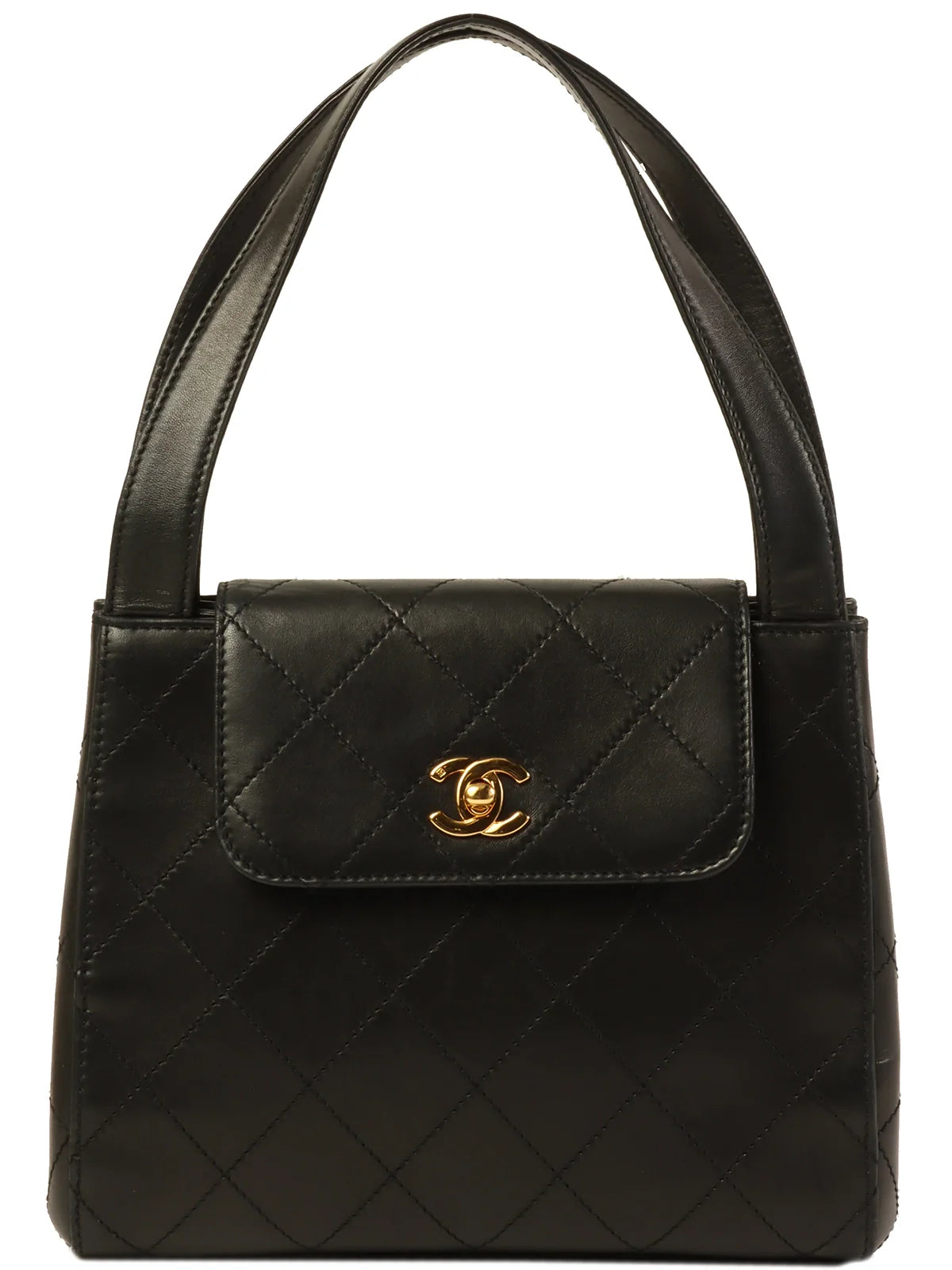 Chanel bags with intricate metal hardwareCHANEL Around 1998 Made Turn-Lock Top Handle Bag Black