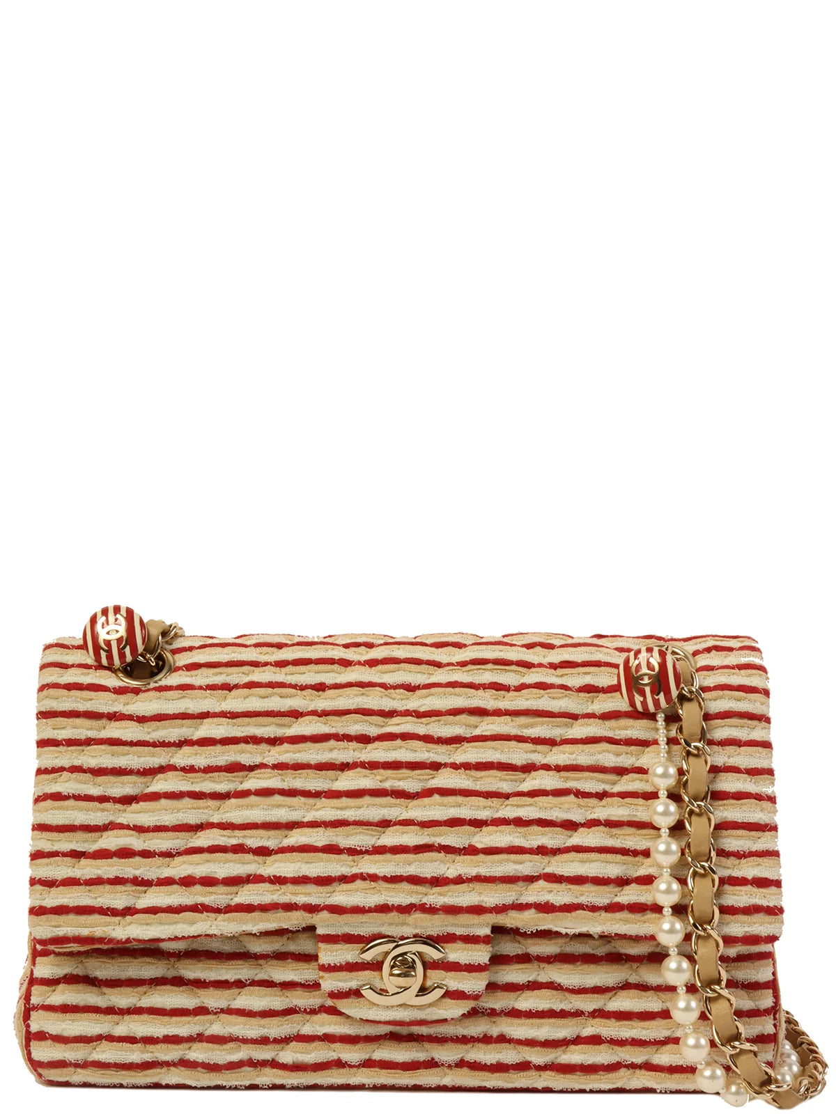 Chanel bags for those who value investment piecesCHANEL Around 2014 Made Cotton Striped Classic Flap Chain Bag Beige/Red/White