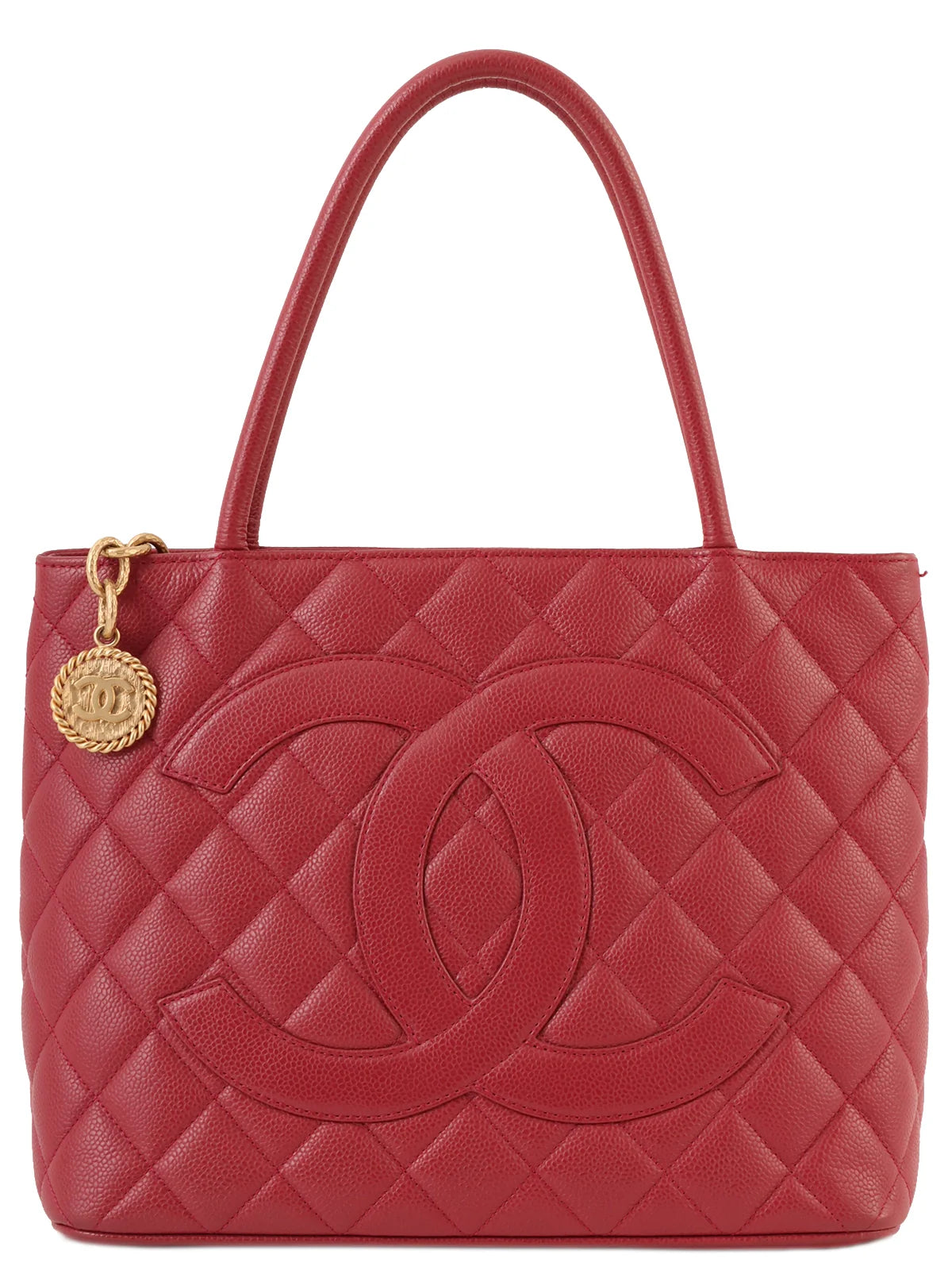 Chanel bags available in bold colors and patternsCHANEL Around 2000 Made Caivar Skin Cc Mark Stitch Revival Tote Bag Red