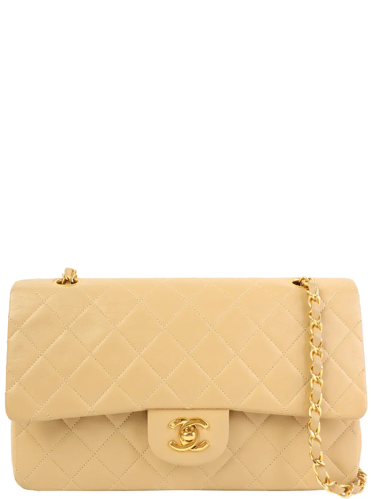 Chanel Chain Strap Handbag for Everyday UseCHANEL Around 1995 Made Chevron Stitch V Flap Turn-Lock Chain Bag Beige