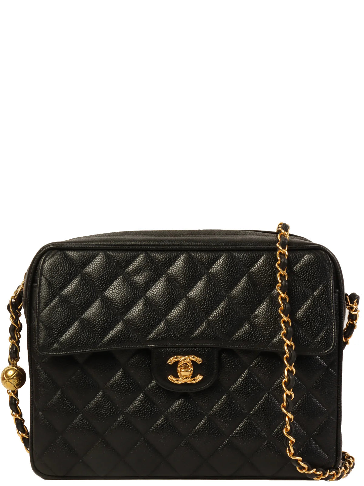 Chanel bags for the minimalist fashionCHANEL Around 1995 Made Caviar Skin Turn-Lock Ball Charm Shoulder Bag Black