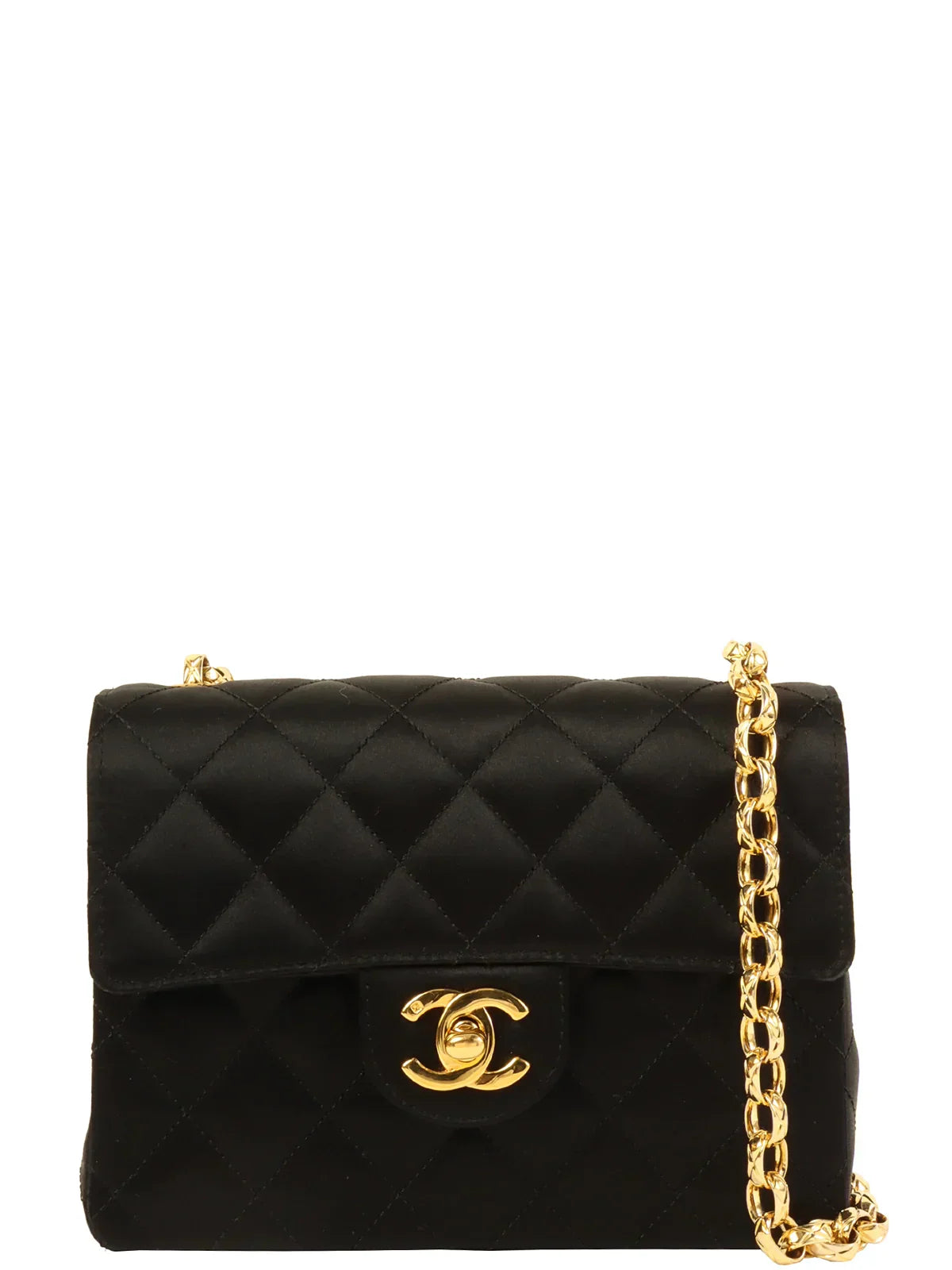 Chanel Limited Edition Handbag for CollectorsCHANEL Around 1990 Made Silk Satin Classic Flap Bijoux Chain Mini Black