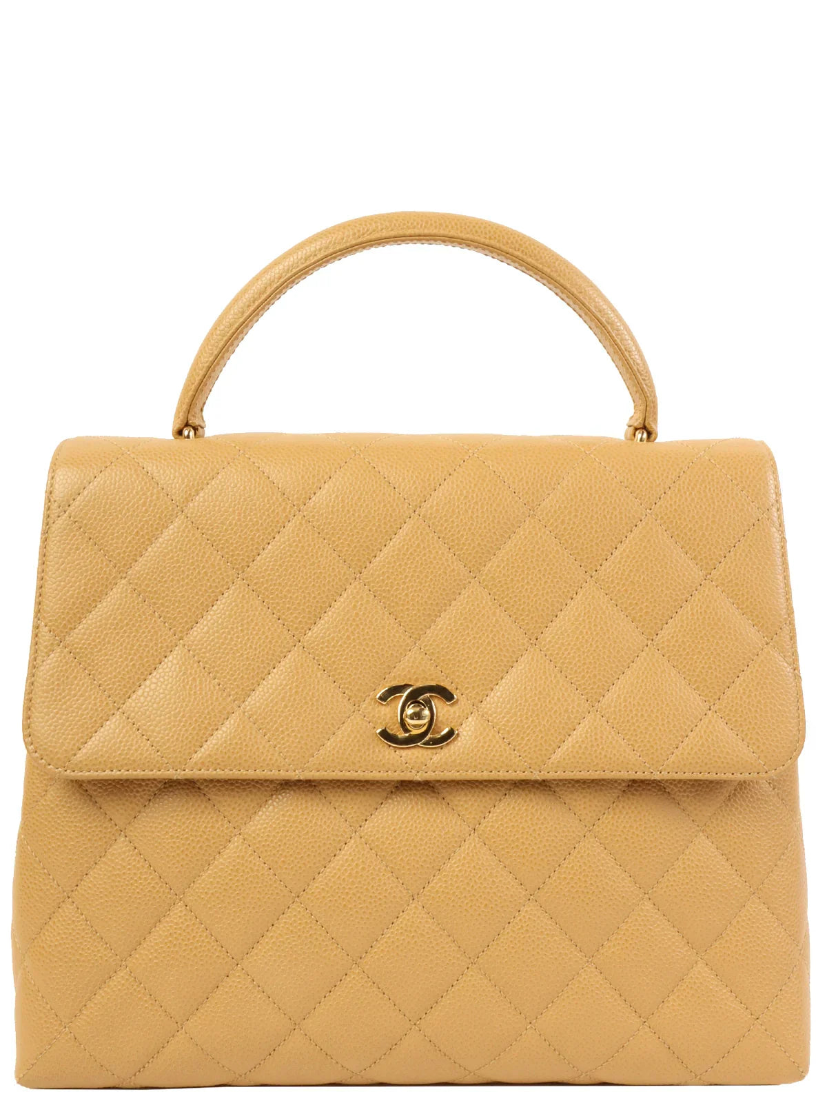 Chanel classicCHANEL Around 2000 Made Ciaviar Skin Stright Flap Turn-Lock Top Handle Bag Beige